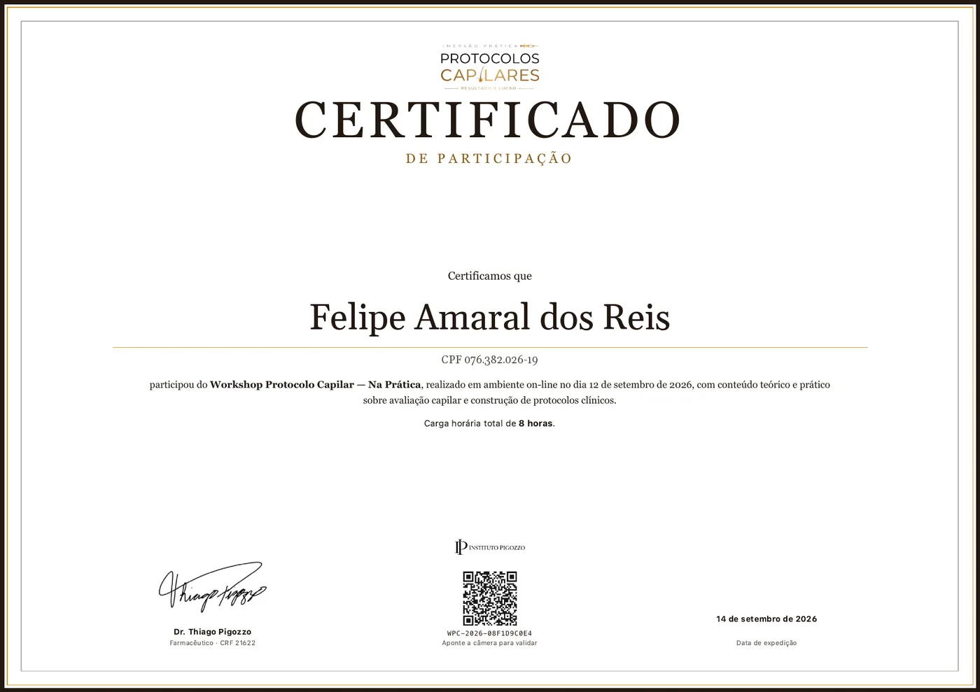 Certificado de conclusão da Imersão Prática em Protocolos Capilares - CabelON